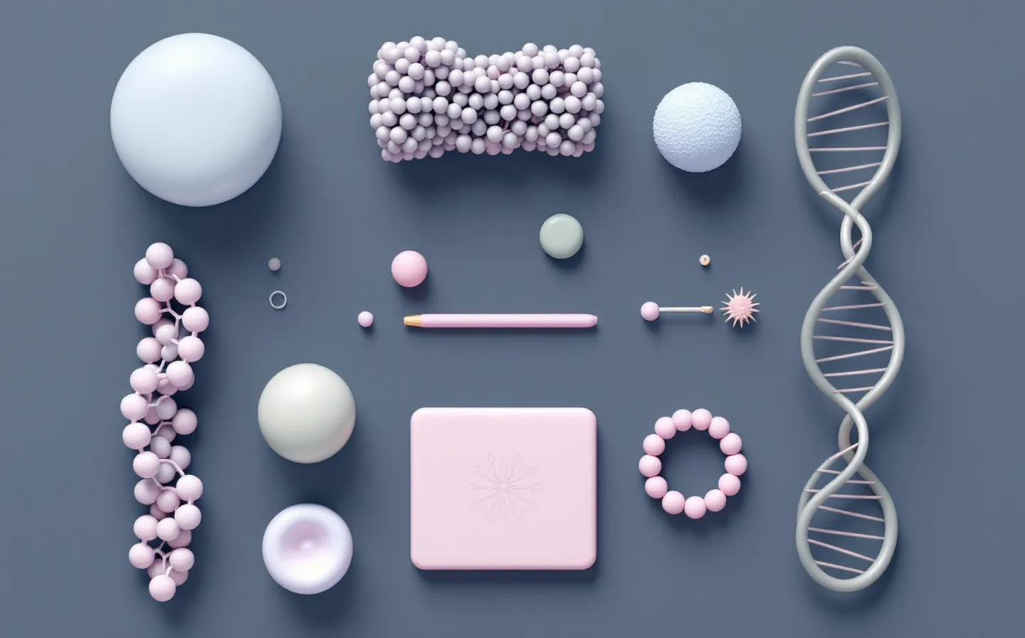Overhead knolling flat-lay of a powder-blue peptide-chain object, a sage mitochondrion object, and a lilac gene-ring object arranged at right angles on a cool-slate tray